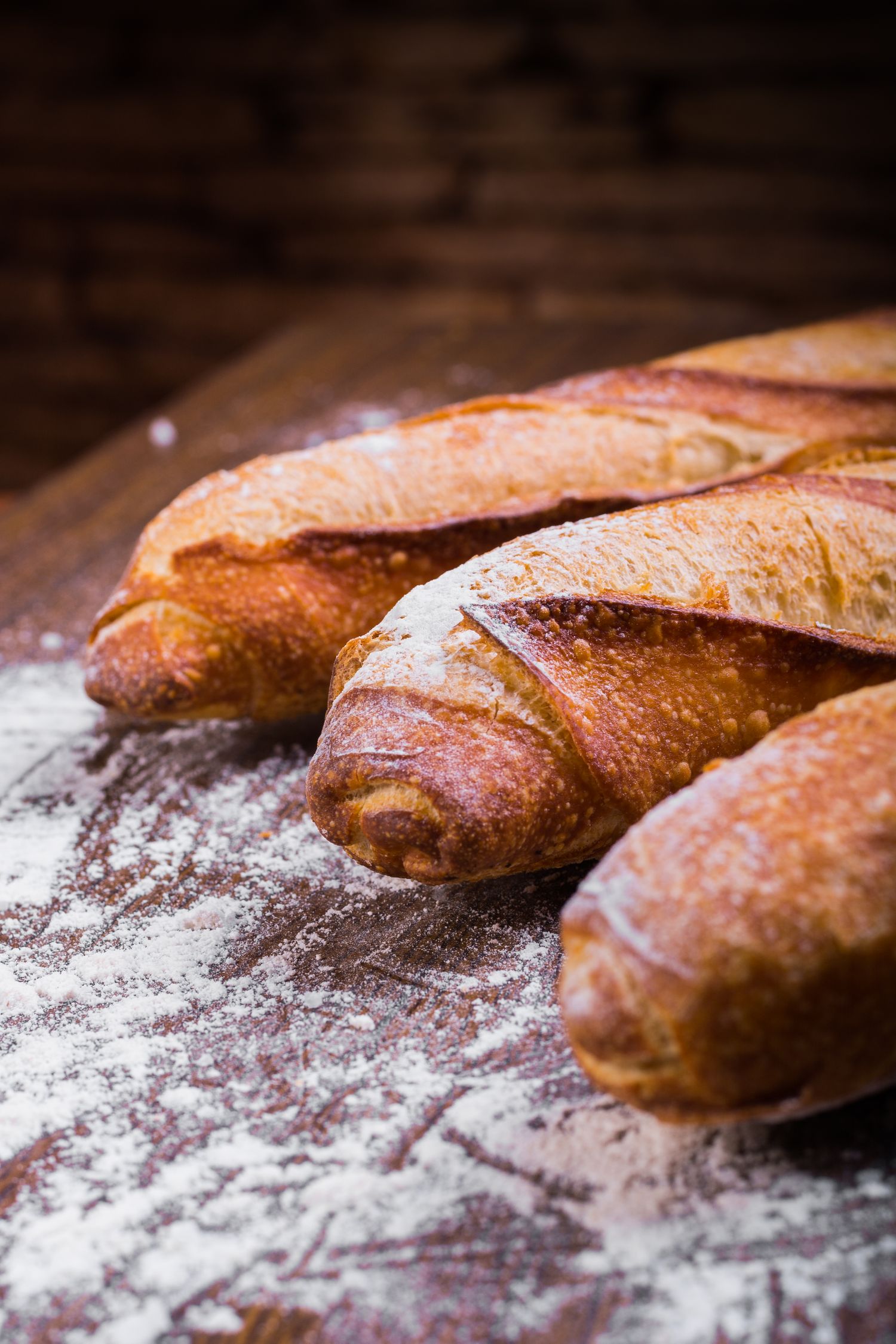 Fresh baguettes dusted with flour