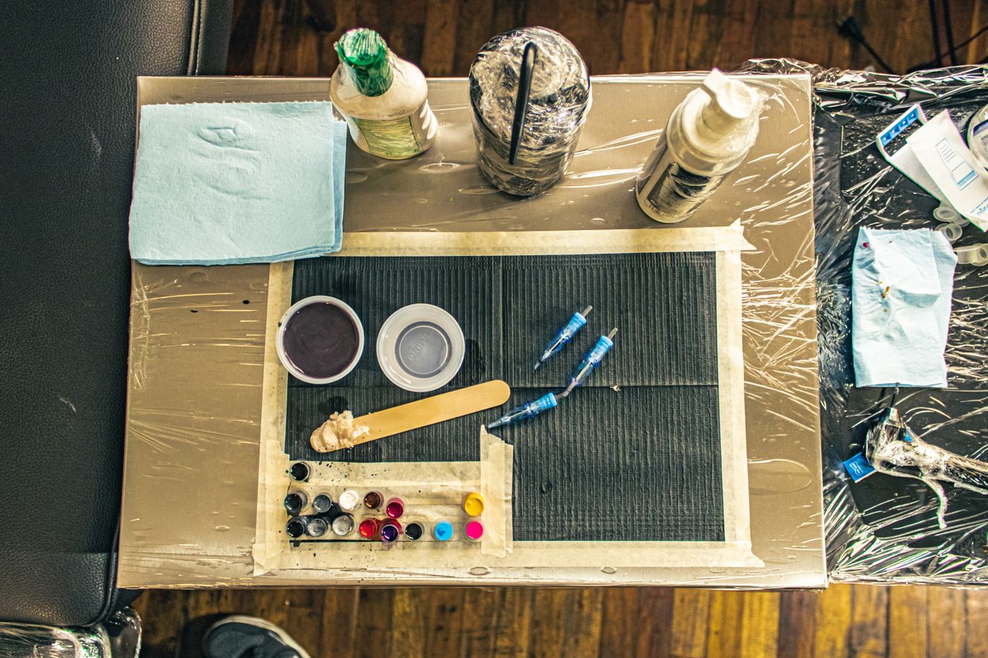 Overhead view of the tattoo workstation