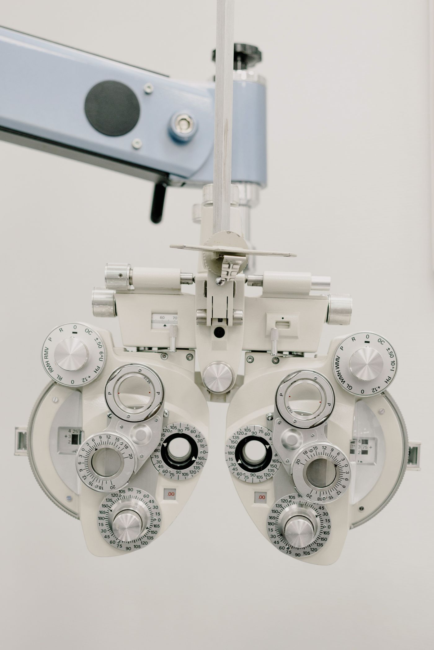 An optical phoropter used during a comprehensive eye exam
