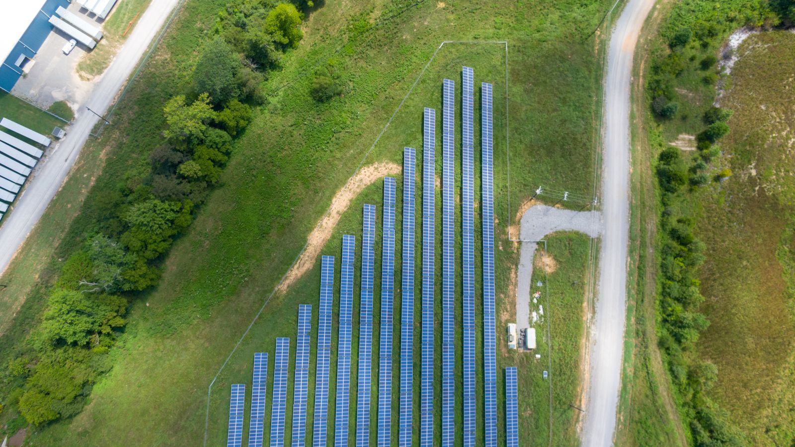 Aerial view of a large solar panel array