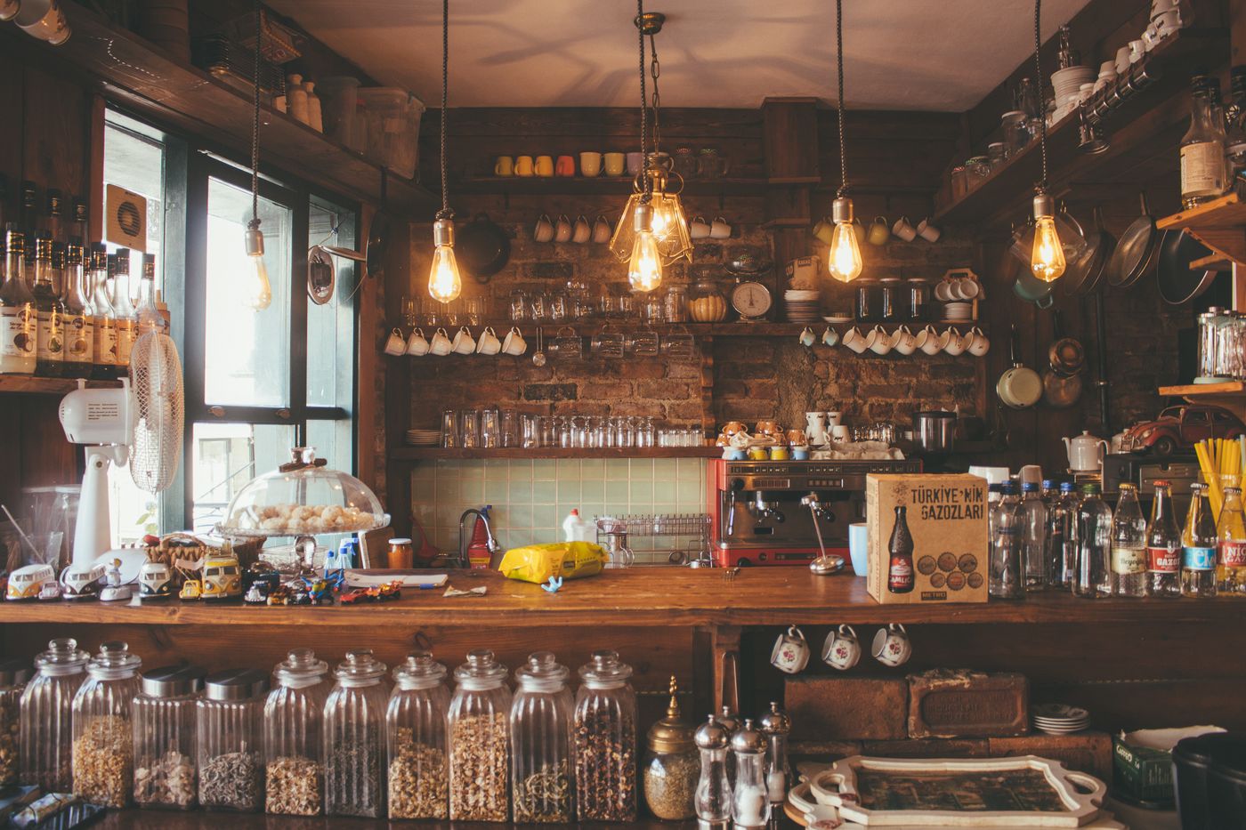 Warm cafe room with hanging lights