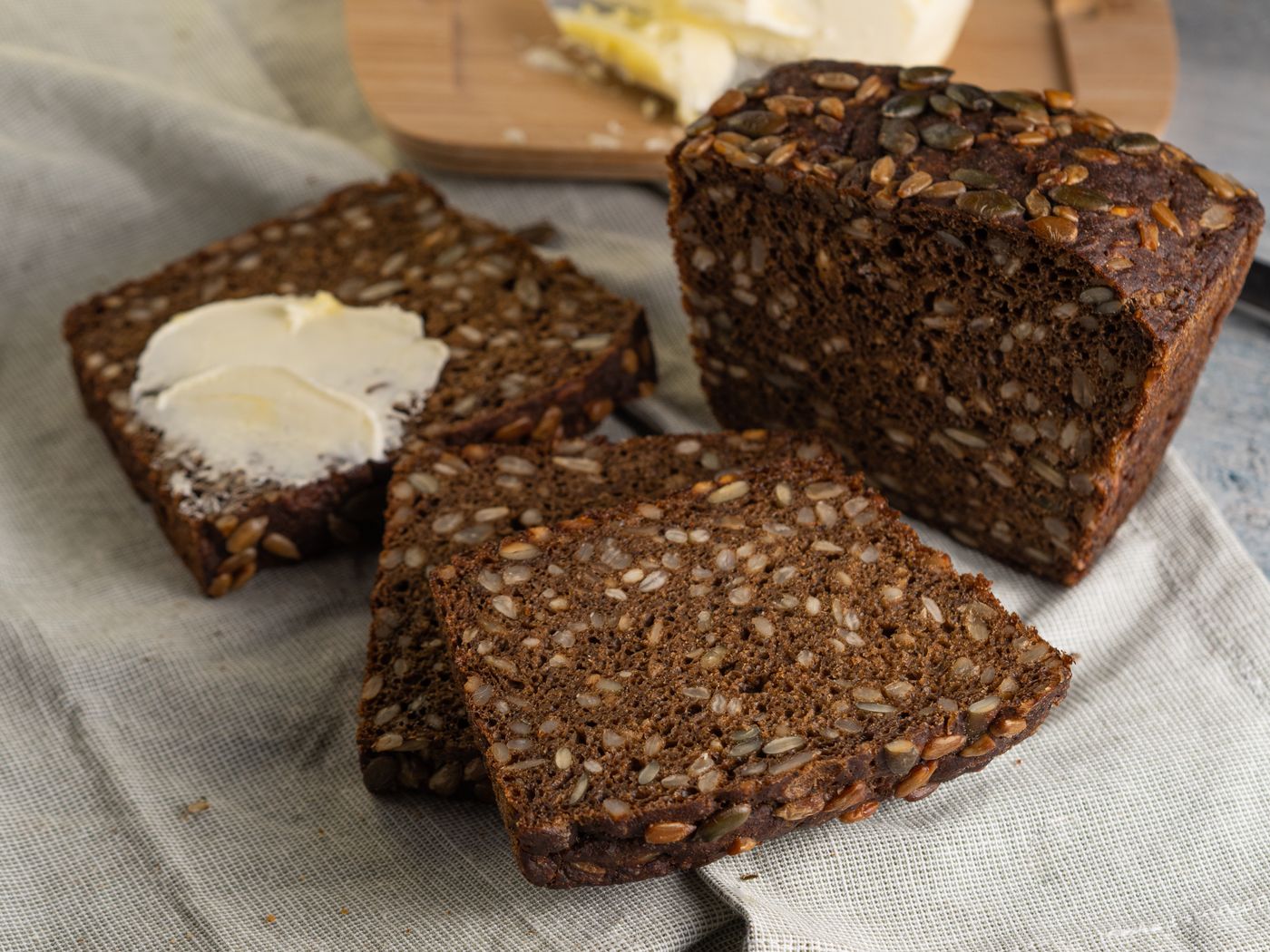 Dark Scandinavian rye bread with butter