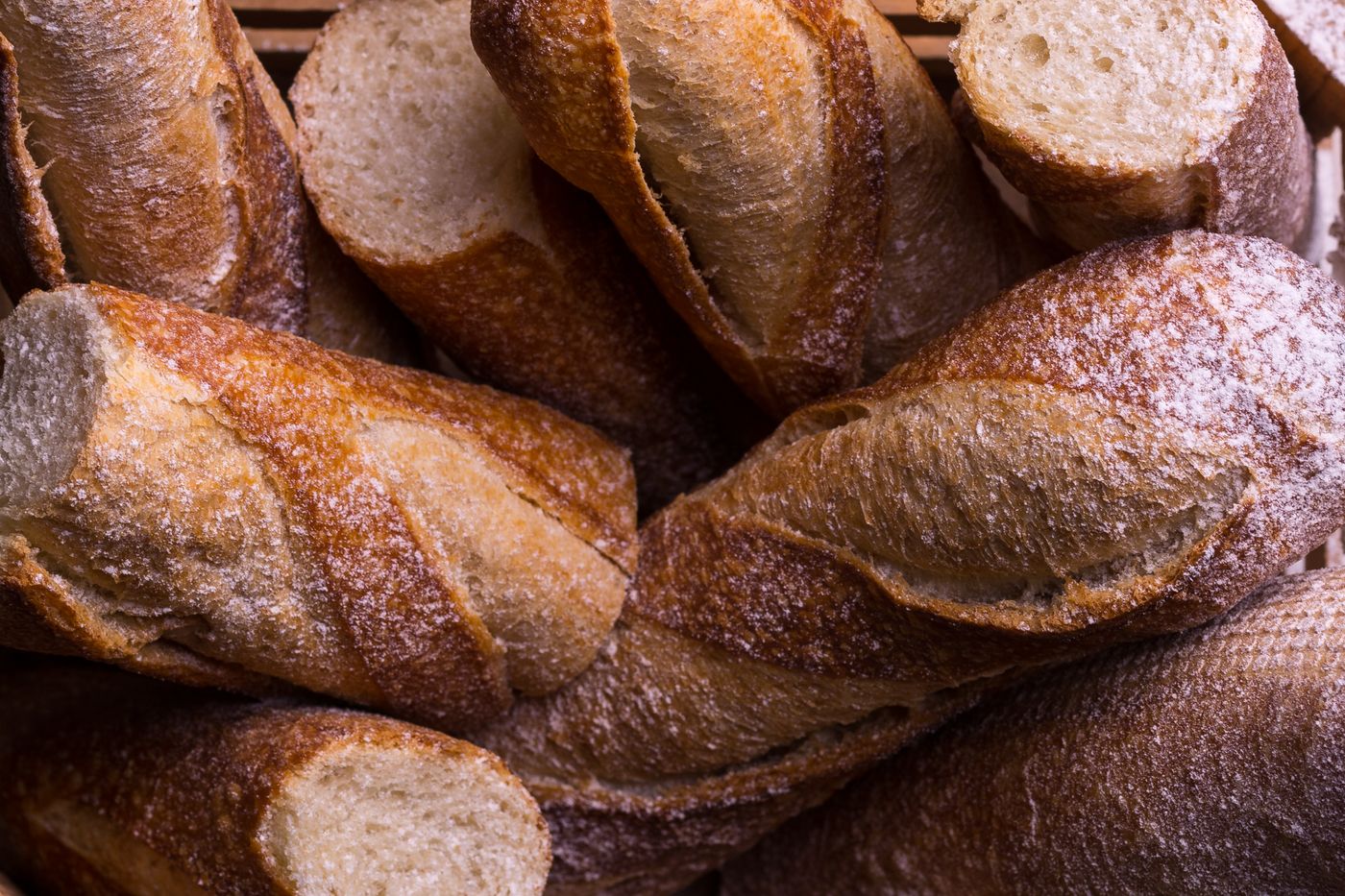 A basket of crusty baguettes