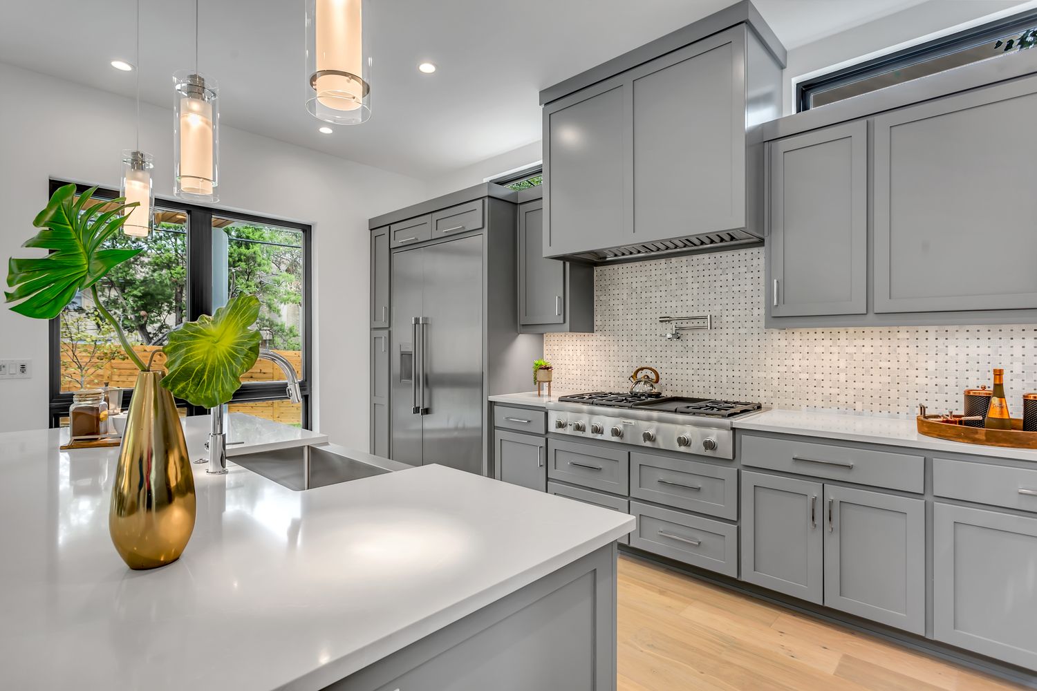 Renovated kitchen with stone counters