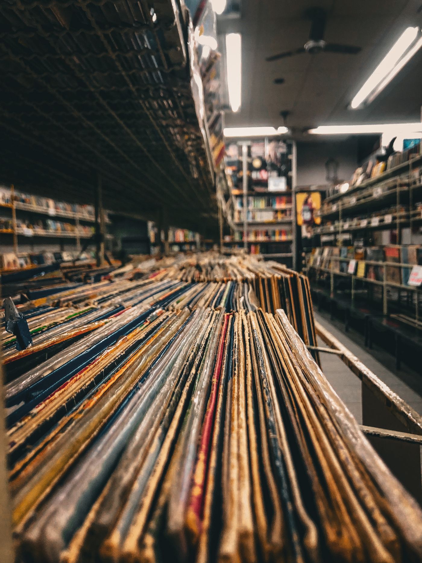 A long aisle of record spines