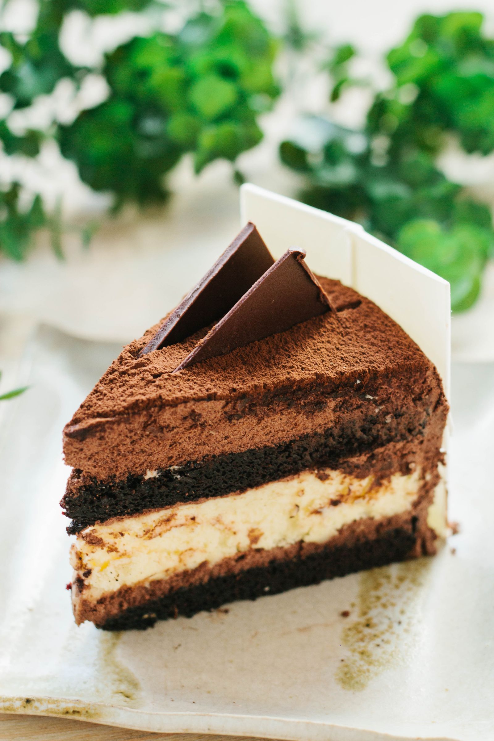 Slice of a tall chocolate layer cake