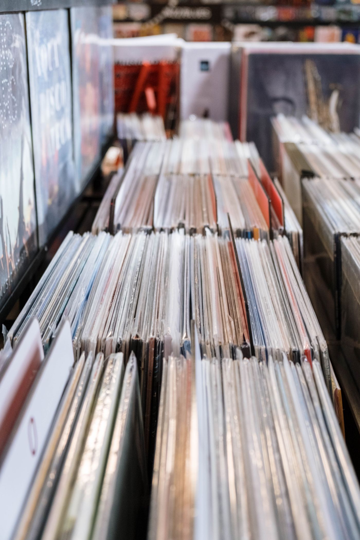 Record spines in a crate
