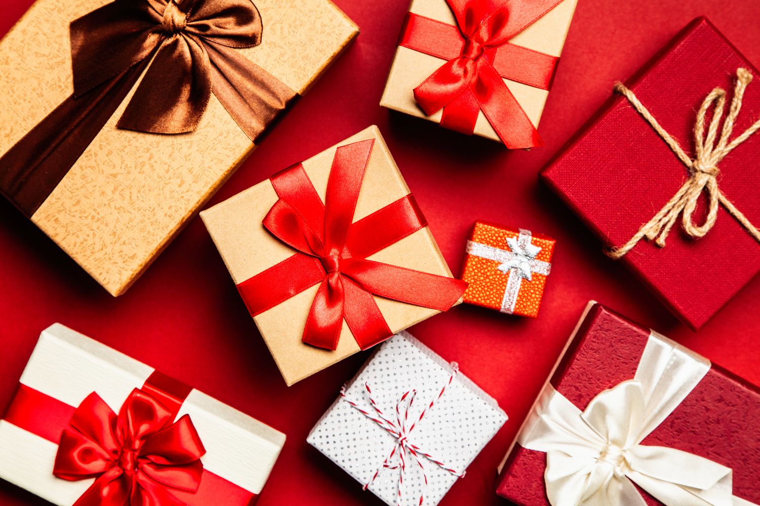Wrapped gifts tied with ribbon