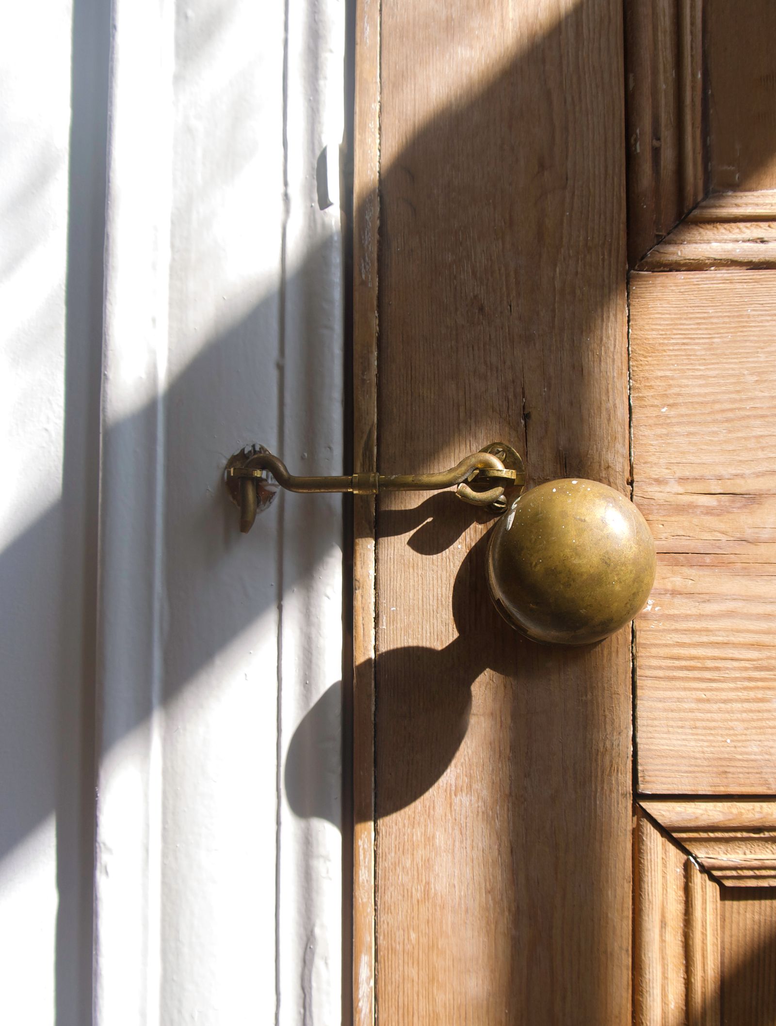 A brass latch and lock on a door